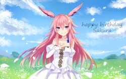  absurdres animal_ears blue_sky breasts bride character_name chinese_commentary choker closed_mouth cloud cloudy_sky commentary_request day detached_sleeves dress female field flower flower_field fox_ears grass happy_birthday highres honkai_(series) honkai_impact_3rd huijiang_monster long_hair looking_at_viewer medium_breasts outdoors petals pink_hair purple_eyes sky smile solo white_choker white_dress white_sleeves yae_sakura 