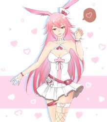  animal_ears breasts cleavage cleavage_cutout clothing_cutout commentary dress female fishnet_thighhighs fishnets fox_ears gloves hat heart highres honkai_(series) honkai_impact_3rd long_hair looking_at_viewer medium_breasts nurse nurse_cap pink_eyes pink_hair single_thighhigh solo spoken_heart thighhighs untranslatable_commentary white_dress white_gloves yae_sakura yae_sakura_(gyakushinn_miko) yae_sakura_(summer_sakura) yichuanxue 