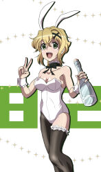  :d absurdres akatsuki_kirika animal_ear_hairband animal_ears armpit_crease asymmetrical_legwear bare_arms bare_shoulders black_bow black_bowtie black_collar black_pantyhose black_thighhighs blonde_hair bottle bow bowtie breasts cleavage collar collarbone commentary_request crossed_bangs detached_collar double-parted_bangs fake_animal_ears female frilled_collar frilled_wrist_cuffs frills glass_bottle green_eyes hair_between_eyes hair_ornament hair_tie hair_tuft hairband hands_up highleg highleg_leotard highres holding holding_bottle leotard low_neckline medium_breasts multiple_hair_ties nbg067149991176 open_mouth pantyhose playboy_bunny rabbit_ear_hairband rabbit_ears senki_zesshou_symphogear short_hair sidelocks single_leg_pantyhose single_thighhigh smile solo sparkle_background strapless strapless_leotard thighhighs upper_body v white_background white_leotard white_wrist_cuffs wrist_cuffs x_hair_ornament 