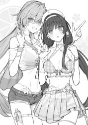  2girls absurdres beret bikini bikini_skirt breasts chisa_(peach_parfait)_(wuthering_waves) chisa_(wuthering_waves) cleavage commentary crop_top fruit_earrings greyscale grin hairband hands_up hat highres jewelry large_breasts long_hair looking_at_viewer lynae_(peppermint)_(wuthering_waves) lynae_(wuthering_waves) monochrome multiple_girls navel necklace open_fly open_mouth plaid_bikini plaid_clothes see-through_clothes see-through_shirt see-through_skirt sei_(karupiza1490208) shirt shorts skirt smile stomach swimsuit untranslatable_commentary wuthering_waves 