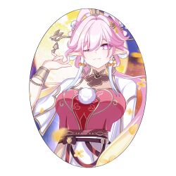  bell breasts chinese_commentary commentary_request diamond-shaped_pupils diamond_(shape) dress earrings elf elysia_(hi_love_elf)_(honkai_impact) elysia_(honkai_impact) elysia_(lunar_grace)_(honkai_impact) feixianji_(hairstyle) female flower hair_bell hair_flower hair_ornament hair_rings highres honkai_(series) honkai_impact_3rd jewelry large_breasts long_hair looking_at_viewer official_alternate_costume oval_background pink_hair pointy_ears purple_eyes qiqiao_hundun red_dress simple_background smile solo symbol-shaped_pupils very_long_hair white_background 