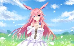 absurdres animal_ears blue_sky breasts bride chinese_commentary choker closed_mouth cloud cloudy_sky commentary_request day detached_sleeves dress female field flower flower_field fox_ears grass highres honkai_(series) honkai_impact_3rd huijiang_monster long_hair looking_at_viewer medium_breasts outdoors petals pink_hair purple_eyes sky smile solo white_choker white_dress white_sleeves yae_sakura 