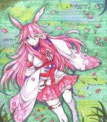  ;) absurdres artist_name breasts closed_mouth commentary dated detached_sleeves female fox_mask from_above grass highres honkai_(series) honkai_impact_3rd huijiang_monster japanese_clothes kimono long_hair looking_at_viewer marker_(medium) mask medium_breasts one_eye_closed petals pink_skirt plaid_clothes plaid_skirt ribbon-trimmed_sleeves ribbon-trimmed_thighhighs ribbon_trim short_kimono skirt smile solo thighhighs traditional_media white_kimono white_sleeves white_thighhighs yae_sakura yae_sakura_(gyakushinn_miko) 