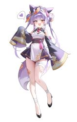 :d absurdres bandaged_leg bandages black_shoes blue_eyes blush breasts cleavage cleavage_cutout clothing_cutout commentary detached_sleeves double_bun dress female fox_girl full_body grey_hat grey_sleeves hair_bun hair_ornament hat heart heterochromia high_heels highres long_hair long_sleeves multicolored_hair muru_(muru_zi) oerba_yun_fang ofuda ofuda_on_head open_mouth orange_eyes pleated_dress pumps purple_hair raised_inner_eyebrows shoes short_dress simple_background sleeves_past_fingers sleeves_past_wrists small_breasts smile solo speech_bubble spoken_heart stellive straight_hair streaked_hair tail tassel tassel_hair_ornament tenko_shibuki twintails two-tone_dress untranslatable_commentary virtual_youtuber white_background white_streaks wide_sleeves 