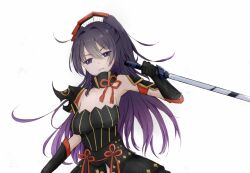  ahoge armor armored_dress armpits black_dress black_gloves breasts closed_mouth commentary dress female gloves holding holding_sword holding_weapon honkai_(series) honkai_impact_3rd japanese_armor katana long_hair looking_at_viewer medium_breasts pauldrons ponytail purple_eyes purple_hair raiden_mei raiden_mei_(shadow_dash) reverse_grip shoulder_armor simple_background single_pauldron solo sword upper_body weapon white_background yichuanxue 