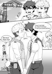  2boys black_and_white blush camp_buddy closed_eyes comic comic_strip couple gay heart hi_res hiro_akiba holding_hands kakenari keitaro_nagame kissing male male_focus male_only open_mouth romantic_ambiance romantic_couple smile smiling speech_bubble text twink waving yaoi 