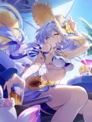  absurdres bessie_(honkai:_star_rail) bikini bird blue_hair blue_sky breasts chinese_commentary commentary_request cup drummie_(honkai:_star_rail) female flower flower_ornament green_eyes hand_on_headwear hat head_wings highres holding holding_cup honkai:_star_rail honkai_(series) kun_kun long_hair medium_breasts official_alternate_costume one_eye_closed robin_(honkai:_star_rail) robin_(summeretto)_(honkai:_star_rail) sarong sitting sky solo stomach straw_hat summer summer_songbirds_(honkai:star_rail) sunflower swimsuit thighs very_long_hair white_bikini white_sarong white_wings wings 