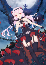  absurdres black_boots black_dress black_gloves boots chains cloud cloudy_sky commentary cross_(weapon) dress female flower full_moon gloves hair_flower hair_ornament highres honkai_(series) honkai_impact_3rd long_hair looking_at_viewer moon night open_mouth outdoors petals red_eyes red_flower red_rose rose sky solo strapless strapless_dress theresa_apocalypse theresa_apocalypse_(luna_kindred) thigh_boots twintails white_hair yichuanxue 