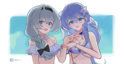  2girls absurdres alternate_costume alternate_hairstyle aqua_eyes bare_shoulders bikini black_bow black_hairband blue_choker blue_hair blue_nails border bow braid braided_ponytail breasts choker cleavage commentary english_commentary firefly_(honkai:_star_rail) grey_hair hair_between_eyes hair_ornament hair_over_shoulder hairband head_wings highres honkai:_star_rail honkai_(series) horik_22 long_hair looking_at_viewer medium_breasts missing_halo multicolored_nails multiple_girls nail_polish navel official_alternate_costume open_mouth outside_border purple_eyes robin_(honkai:_star_rail) robin_(summeretto)_(honkai:_star_rail) smile starfish_hair_ornament swimsuit twitter_username upper_body v white_bikini white_border white_wings wings yellow_nails 