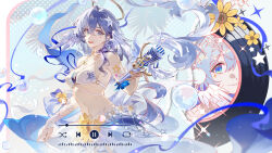  absurdres bikini blue_hair breasts chinese_commentary commentary_request female flower flower_ornament green_eyes hair_ornament halo head_wings highres holding holding_microphone honkai:_star_rail honkai_(series) long_hair looking_at_viewer medium_breasts microphone navel pause_button robin_(honkai:_star_rail) robin_(summeretto)_(honkai:_star_rail) sanyue_qiushi sarong smile solo starfish_hair_ornament stomach sunflower swimsuit very_long_hair white_bikini white_sarong white_wings wings 