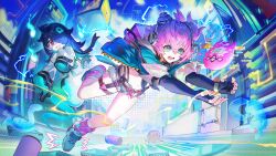  2girls absurdres ahoge aqua_jacket belt black_hair chinese_commentary commentary_request fingerless_gloves fur-trimmed_shorts fur_trim ghost_girl gloves green_eyes hair_over_one_eye headphones highres jacket lightning_ahoge linko_(nte) loose_socks midriff multiple_girls navel neverness_to_everness open_mouth pink_eyes pink_hair pink_nails pink_socks shoes short_shorts shorts sleeves_past_fingers sleeves_past_wrists socks tamagotchi_(virtual_pet) teeth thigh_belt thigh_strap virtual_pet_(toy) white_shoes xiaozhen_(nte) yezhusansansansan 