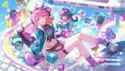 2girls absurdres ahoge amukeer aqua_jacket belt black_hair chinese_commentary commentary_request computer_keyboard fingerless_sleeves fur-trimmed_shorts fur_trim ghost_girl green_eyes hair_over_one_eye headphones highres holding jacket linko_(nte) long_sleeves looking_at_viewer medium_hair midriff multiple_girls navel neverness_to_everness open_clothes open_jacket open_mouth parted_lips pink_eyes pink_hair shirt shoes short_shorts shorts sleeves_past_fingers sleeves_past_wrists thigh_belt thigh_strap tied_shirt white_shoes xiaozhen_(nte) 