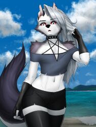  2022 3:4 5_fingers absurd_res anthro beach black_bottomwear black_clothing black_nose black_shorts bottomwear breasts canid canid_demon canine cleavage clothed clothing collar collarbone crop_top demon digital_media_(artwork) ear_piercing ear_ring eyebrow_piercing eyebrows eyelashes facial_piercing female fingerless_gloves fingers fur gloves grey_hair hair handwear hellaverse hellhound helluva_boss hi_res leggings legwear long_hair looking_at_viewer loona_(helluva_boss) mammal multicolored_body multicolored_fur mykegreywolf mythological_canine mythological_creature mythology navel notched_ear occult_symbol pentagram pentagram_top piercing red_sclera ring_piercing seaside shirt shorts shoulderless_topwear signature slim solo standing symbol topwear two_tone_body two_tone_fur v-cut white_eyes 