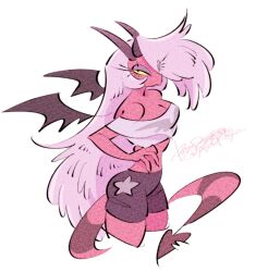  breasts cleavage clothed clothing demon demon_humanoid female hair hair_over_eye hellaverse helluva_boss hi_res humanoid intern_succubus membrane_(anatomy) membranous_wings not_furry pink_body pink_skin simple_background solo spade_tail succubus tail white_background wings yasutak1192 