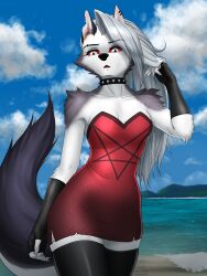  2022 3:4 5_fingers absurd_res anthro beach black_nose breasts canid canid_demon canine cleavage clothed clothing collar collarbone demon digital_media_(artwork) dress ear_piercing ear_ring eyebrow_piercing eyebrows eyelashes facial_piercing female fingerless_gloves fingers fur gloves grey_hair hair handwear hellaverse hellhound helluva_boss hi_res leggings legwear long_hair looking_at_viewer loona_(helluva_boss) mammal multicolored_body multicolored_clothing multicolored_fur mykegreywolf mythological_canine mythological_creature mythology notched_ear occult_symbol pentagram piercing red_clothing red_dress red_sclera ring_piercing seaside signature slim solo standing symbol two_tone_body two_tone_fur white_eyes 