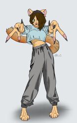  2024 accessory anthro blue_clothing blue_crop_top blue_shirt blue_topwear bottomwear brown_hair claws clothing colored crop_top digital_drawing_(artwork) digital_media_(artwork) digitigrade ear_tuft fangs felid female finger_claws fur gesture green_eyes grey_background grey_bottomwear grey_clothing grey_pants grey_sweatpants hair hair_accessory hair_over_eye hairband hand_gesture hi_res kisu-inu mammal markings navel one_eye_obstructed open_mouth orange_body orange_fur pants pose shaded shirt simple_background smile smiling_at_viewer solo standing striped_markings striped_tail stripes sweatpants tail tail_markings tail_tuft teeth toe_claws tongue topwear tuft v_sign whiskers 
