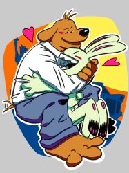 3_toes 4_fingers anthro barefoot blue_bottomwear blue_clothing blue_pants blush blush_lines bottomwear brown_body brown_fur canid canine canis clothing collared_shirt domestic_dog dress_shirt duo feet fingers fur heart_symbol hi_res hug lagomorph male male/male mammal max_(sam_and_max) mroamin nude_anthro pants sam_and_max samuel_dog sharp_teeth shirt sitting smile smiling_at_another tail tail_motion tailwag teeth toes topwear white_body white_clothing white_fur white_shirt white_topwear 