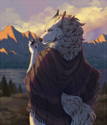  2026 anthro canid canine canis claws clothing cloud cloudy_sky digital_media_(artwork) finger_claws fur half-length_portrait hi_res liimapng looking_at_viewer looking_back looking_back_at_viewer male mammal mane mountain nature_background outside plant poncho portrait quinnlan_(serreis) signature sky solo tail tree water whisker_spots white_body white_fur wolf yellow_eyes 