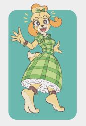  accessory alternative_fashion animal_crossing anthro barefoot blush blush_stickers bow_ribbon canid canine canis caroo clothing country_lolita cuff_(restraint) dipstick_tail domestic_dog dress feet female hair_accessory hair_ribbon hairbow hi_res humanoid_feet isabelle_(animal_crossing) j-fashion lolita_(fashion) looking_at_viewer mammal markings nintendo open_mouth open_smile pattern_clothing pattern_dress plaid plaid_clothing plaid_dress plantigrade restraints ribbons shih_tzu smile soles solo tail tail_markings toy_dog 