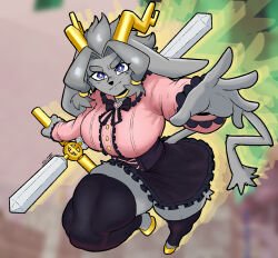  2026 accessory action_pose after_image alternative_fashion anthro antlers athletic athletic_anthro athletic_female big_breasts big_ears black_clothing blue_eyes bottomwear bovid bow_ribbon breasts button_(fastener) caprine cheek_tuft choker clothing digital_drawing_(artwork) digital_media_(artwork) dream_breaker_(pseudoregalia) dress eyelashes facial_tuft felid feline female female_anthro floppy_ears footless_legwear frilly frilly_clothing frilly_dress full-length_portrait fur goat gold_(metal) gold_jewelry grey_body grey_fur grey_hair hair hair_accessory hair_ring hi_res holding_object holding_out_hand holding_weapon hooves horn hybrid j-fashion jackalope jewelry jirai_kei lagomorph legwear leporid looking_at_viewer lop_ears mammal necklace pink_clothing portrait pose pseudoregalia pupils rabbit raised_leg short_hair skirt solo spintopple sybil_(pseudoregalia) tail thick_thighs thigh_highs tuft unusual_pupils weapon 