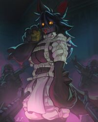  2026 absurd_res anthro big_breasts big_hands black_hair black_nose blep breasts burger canid canine clothed clothed_anthro clothed_female clothing digital_drawing_(artwork) digital_media_(artwork) e_pppg_art female female_anthro first_person_view food gas_mask grin gun hair hi_res liquid looking_at_viewer looking_down looking_down_at_viewer mammal mask midriff military military_uniform mir_(swiwwel) night ranged_weapon red_inner_ear restraints rifle smile soldier solo straitjacket tail text tongue tongue_out uniform warrior weapon yellow_eyes 