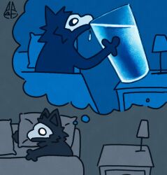  ambiguous_gender anthro bed bedside_table black_body black_ears black_fur black_hands blue_background changed_(video_game) cheek_tuft container cup dark_latex drawer drinking drinking_water facial_tuft fur furniture furniture_lamp glass glass_container glass_cup grey_background imagining lying lying_on_bed lying_on_pillow meme on_bed pillow puro_(changed) simple_background simple_coloring simple_hands solo thinking thought_bubble tuft water water_drop water_glass watermark white_eyes white_mask wintercatgang yearn_(meme) 