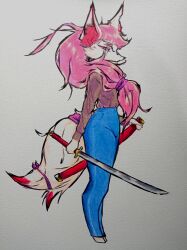  absurd_res anthro bottomwear cafecat canid canine clothing denim denim_bottomwear denim_clothing epic_games eye_scar facial_scar female fortnite fox fur hair hi_res jeans katana kimiko_five-tails looking_at_viewer mammal melee_weapon pants pink_hair red_body red_fur scar solo sword weapon white_body 