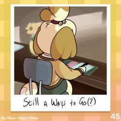  1:1 2022 animal_crossing anthro bell_hair_tie bent_leg biped blonde_hair bottomwear button_(fastener) canid canine canis chair clothed clothed_anthro clothed_female clothing colored cookieboy011 desk digital_drawing_(artwork) digital_media_(artwork) dipstick_tail domestic_dog english_description english_text female female_anthro floppy_ears flower flower_vase fluffy_ears fully_clothed fully_clothed_anthro fully_clothed_female fur furniture green_bottomwear green_clothing green_skirt grey_wall hair holding_object holding_pen inside isabelle_(animal_crossing) light lighting lop_ears mammal markings multicolored_hair nintendo number on_chair orange_background orange_ears orange_hair paper pattern_background pen photo plaid plaid_background plant ponytail question_mark red_hair_tie shaded shih_tzu shirt simple_background sitting sitting_on_chair skirt solo story story_in_description sweater table tail tail_markings text three-quarter_view topwear toy_dog two_tone_hair two_tone_tail vase wall_(structure) white_clothing white_shirt white_tail_tip white_topwear yellow_body yellow_clothing yellow_flower yellow_fur yellow_sweater yellow_tail yellow_topwear 