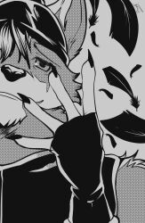  anthro canid canine canis claws clothed clothing demon epic_games evil_face evil_grin feathers finger_claws fortnite hat headgear headwear hi_res insane looking_at_viewer mahou_shoujo_madoka_magica male mammal monochrome parody pinumontbalou puella_magi smile smiley_face smiling_at_viewer solo wendell_(fortnite) wolf 