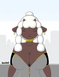  absurd_res accessory anthro anuvisur_(artist) armwear big_breasts blush bovid breasts brown_body caprine closed_eyes clothing collar ear_piercing female freckles fur generation_8_pokemon hi_res horn looking_at_viewer mammal mature_female nintendo outside piercing pink_nose pokemon pokemon_(species) sheep solo standing twintails wool_(fur) wool_hair wooloo 