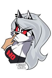  2024 absurd_res ambiguous_gender angry anthro artist_name bare_shoulders big_breasts black_clothing black_shirt black_topwear boop breasts canid canid_demon canine cleavage clothed clothing countershading demon disembodied_hand duo ear_piercing eyebrow_piercing eyelashes facial_piercing female fur grey_body grey_fur grey_hair hair half-length_portrait hellaverse hellhound helluva_boss hi_res human long_hair loona_(helluva_boss) mammal mythological_canine mythological_creature mythology nose_boop notched_ear piercing portrait red_sclera shirt shoulderless_shirt simple_background teaofcolors text topwear twitter_handle white_background white_body white_countershading white_eyes white_fur 