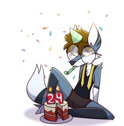  2026 animatedmau animatedmau_(fursona) anthro artist_logo artist_name birthday birthday_cake blue_body bulge cake candle canid canine canis clothed clothing confetti dessert digital_drawing_(artwork) digital_media_(artwork) eyewear food glasses hat headgear headwear hi_res logo male mammal sitting solo text underwear wolf 