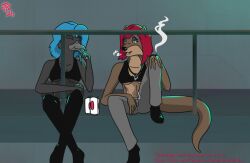  achromatic_stallion alcohol anthro avian beer beverage beverage_can bird blue_hair boots bottomwear cigarette clothing corvid corvus_(genus) curry cutlery duo eloi_malagan_(underlings) english_text female footwear future futuristic futuristic_clothing hair halter_top high_boots highlights_(coloring) holding_cigarette holding_object jewelry kitchen_utensils lecine_eselwyd_(underlings) mammal mustelid necklace oscine otter pants passerine raven red_hair science_fiction shoes smoking smoking_cigarette spoon spoon_in_mouth text tools trans_(lore) trans_woman_(lore) underlings_(unknown_animation_studios) unknown_animations_studios walkway 