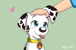  black_nose black_spots blue_eyes blush blush_lines canid canine canis collar collar_only dalmatian disembodied_hand domestic_dog feral fur green_background headpat heart_symbol hi_res human male mammal markings marshall_(paw_patrol) nickelodeon nude paw_patrol simple_background solo spots spotted_body spotted_fur tongue tongue_out trc001 white_body white_fur yellow_collar 
