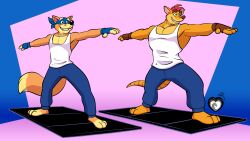  16:9 2025 3_toes 4_fingers activision anthro artist_name athletic athletic_anthro athletic_male bandicoot barefoot black_nose blonde_eyebrows blue_background blue_bottomwear blue_clothing blue_fingerless_gloves blue_gloves blue_handwear blue_kerchief blue_mask blue_pants blue_sweatpants bottomwear brown_clothing brown_eyebrows brown_fingerless_gloves brown_gloves brown_handwear brown_nose canid canine clothed clothing crash_(series) crash_bandicoot dipstick_tail dora_the_explorer duo eyebrows feet fingerless_gloves fingers fox fur gepredators gloves green_eyes hair handwear hi_res kerchief male mammal markings marsupial muscular muscular_male orange_body orange_fur orange_tail pants pecs red_hair segmented_tail shirt signature simple_background standing sweatpants swiper_(dora_the_explorer) tail tail_markings tank_top teeth text toes topwear whiskers white_clothing white_shirt white_tank_top white_topwear widescreen yellow_body yellow_fur yellow_paws yoga yoga_mat yoga_pants 