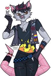  2024 absurd_res accessory american_opossum anthro artist_name backwards_cap black_bottomwear black_clothing black_hair black_pants black_shirt black_t-shirt black_topwear bottomwear bracelet brown_eyes chest_tuft clothing crescent_moon ear_piercing fangs fingerless_gloves flame_pattern fur furgonomics gesture gloves grey_body grey_fur hair hairless_tail hand_gesture handwear heart_symbol hi_res jewelry leather leather_clothing leather_topwear leather_vest looking_at_viewer male mammal marsupial moon notched_ear occult_symbol pants pentagram piercing pink_nose pink_tail portrait pupils rainbow_flag rainbow_symbol shirt short_hair simple_background skull_symbol slit_pupils solo spiked_bracelet spikes studded_bracelet studded_jewelry studs symbol t-shirt tail tail_accessory tail_bracelet tail_jewelry teaofcolors teeth text three-quarter_portrait topwear torn_bottomwear torn_clothing torn_pants tuft twitter_handle vest white_background 