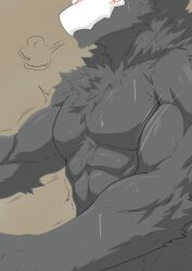  anthro black_body black_fur black_sclera bodily_fluids bone bone_mask canid canine changed_(video_game) fur hi_res male mammal mask muscular muscular_male puro_(changed) raimuoekaki skull skull_mask solo sweat sweatdrop 