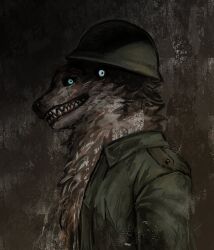  2026 absurd_res ambiguous_gender anthro black_sclera blue_eyes body_horror brown_body brown_fur bust_portrait canid canine canis charlie_&amp;_cathy_(ersatz) chest_tuft clothing colored conjoined detailed digital_drawing_(artwork) digital_media_(artwork) domestic_dog english_text ersatz fangs fur green_clothing green_topwear grin grinning_at_viewer hi_res horror_(theme) human hybrid looking_at_viewer male male_anthro mammal military military_uniform mufinochka nightmare_fuel portrait pose pupils shaded sharp_teeth side_view smile smiling_at_viewer snout soldier soldier_helmet solo teeth teeth_showing text topwear tuft uniform warrior 
