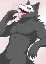  abs anthro black_body black_fur black_sclera bodily_fluids bone bone_mask canid canine changed_(video_game) fur hi_res male mammal mask puro_(changed) raimuoekaki simple_background skull skull_mask solo sweat tongue 
