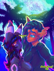  absurd_res anthro beach big_breasts black_body black_fur black_hair breasts bumblebunny6 colorful_background curly_hair duo eeveelution female female/female fur generation_2_pokemon generation_6_pokemon generation_9_pokemon green_eyes hair hi_res lips long_hair looking_at_another mega_absol mega_absol_z mega_evolution messy_hair neon nintendo nude orange_body orange_fur outside pokemon pokemon_(species) pressed_against pressed_against_breasts pressing_against pressing_breasts_together selfie shaded size_difference small_breasts umbreon watermark yellow_eyes 
