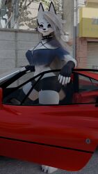  3d_(artwork) 4k 9:16 absurd_res anthro car digital_media_(artwork) female fur hellaverse helluva_boss hi_res king_of_milking loona_(helluva_boss) solo standing vehicle white_body white_fur 