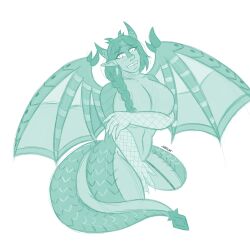 1:1 anthro arrow_tail big_breasts breasts covering covering_breasts covering_crotch dozu_(nickzilla) dragon dragonet ear_piercing european_mythology female hair hi_res horn humanoid jewelry keruchxn_(kmakesshit) looking_at_viewer metal multi_horn mythological_creature mythological_scalie mythology native native_american patterns piercing scales scalie silver_(metal) solo teal_body teal_scales western_dragon wings 