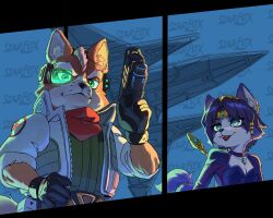  2026 5:4 absurd_res accessory anime_reference anthro arwing black_lipstick blue_body blue_eyes blue_fur blue_hair blush breasts canid canine canon_couple clothing cowboy_bebop dipstick_tail duo e_pppg_art female fox fox_mccloud fur furgonomics gloves green_eyes gun hair handwear hi_res inner_ear_fluff jacket jumpsuit krystal_(star_fox) lipstick looking_at_another looking_at_viewer makeup male mammal markings nintendo ranged_weapon scouter signature simple_background smile smiling_at_another smiling_at_viewer spacecraft spacesuit star_fox super_smash_bros. tail tail_accessory tail_markings tailband topwear tuft vehicle weapon whiskers whispering white_body white_fur 