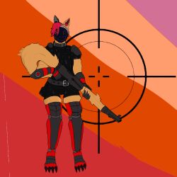  1:1 abyssal_lurker anthro belt camo camo_clothing camo_print canid canine canis clothing colorful_background cybernetics cyborg digital_media_(artwork) fur gun hair hi_res holding_object holding_tail holding_weapon ibispaint_(artwork) jackal machine male mammal multicolored_body orange_body orange_fur pattern_clothing protogen ranged_weapon red_eyes red_hair rifle smile sniper_rifle solo standing tail visor weapon 