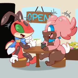  1:1 ambiguous_gender anthro arthropod audino badger blush container cup drinking_glass duo fan_character flower furniture generation_2_pokemon generation_5_pokemon glass glass_container glass_cup happy hi_res ledian mammal mega_stone mostly_nude mustelid musteline nintendo open_mouth plant pokemon pokemon_(species) pokemon_mystery_dungeon puff_(softestpuffss) scarf scarf_only softestpuffss spike_chunsoft table teeth tooth_gap 