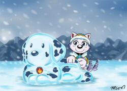  black_nose black_spots blue_eyes canid canine canis clothing dalmatian domestic_dog dot_eyes everest_(paw_patrol) female feral fur hi_res husky inner_ear_fluff mammal marshall_(paw_patrol) nordic_sled_dog paw_patrol pointy_ears prick_ears purple_body purple_fur siberian_husky simple_eyes snow snow_sculpture solo spitz spots tail tail_motion tailwag teal_clothing teal_topwear teal_vest topwear trc001 tuft vest white_body white_fur 