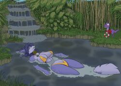  ambiguous_gender anthro big_breasts bikini black_nose blue_body blue_fur blue_hair blue_scales breasts canid canine closed_eyes clothing dinosaur duo female floating fox fur hair krystal_(star_fox) mammal nintendo nipple_outline outside prehistoric_species reptile scales scalie smile star_fox swimwear tail two-piece_swimsuit under_boob water yawg 
