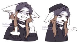  2023 3rdperson_iz angry anthro beanie black_clothing black_hair black_headwear black_hoodie black_topwear brown_hair bust_portrait canid canine clothed clothing collar digital_media_(artwork) ear_piercing english_text female female_anthro fox fur gesture hair hand_gesture hat headgear headwear hoodie long_hair looking_at_viewer mammal middle_finger open_mouth piercing portrait simple_background solo teeth text topwear tuft white_background white_body white_fur 