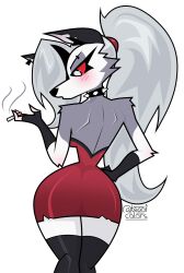  2024 absolute_territory absurd_res anthro artist_name backless_dress bare_back bare_shoulders black_ears blush blush_lines canid canid_demon canine cigarette clothing cocktail_dress collar demon dress ear_piercing eyebrow_piercing eyelashes facial_piercing female fingerless_gloves fur gloves grey_body grey_fur grey_hair hair hand_on_hip handwear hellaverse hellhound helluva_boss hi_res legs_together legwear long_hair loona_(helluva_boss) mammal mythological_canine mythological_creature mythology notched_ear piercing ponytail portrait rear_view red_clothing red_dress red_sclera shoulderless_dress simple_background small_waist smoking smoking_cigarette solo spiked_collar spikes strapless_clothing strapless_dress teaofcolors text thigh_highs three-quarter_portrait twitter_handle white_background white_body white_eyes white_fur wide_hips 