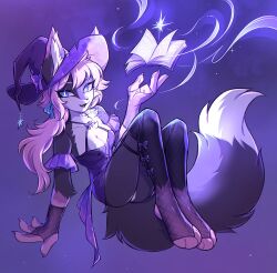  2024 3rdperson_iz 4_fingers 4_toes anthro bangs black_body black_clothing black_fur blue_eyes book breasts canid canine clothed clothed_female clothing colored digital_drawing_(artwork) digital_media_(artwork) dipstick_tail eyelashes feet female female_anthro fingers fishnet_clothing fishnet_legwear fox fur hair hat headgear headwear hi_res inner_ear_fluff legwear long_hair looking_at_viewer magic magic_user mammal markings medium_breasts multicolored_body multicolored_fur purple_clothing purple_hat purple_headwear shaded smile solo tail tail_markings toes tuft white_body white_fur witch witch_hat 